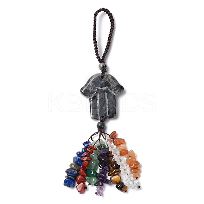 Hamsa Hand/Hand of Miriam Natural Labradorite Pendant Decorations HJEW-R127-02F-1
