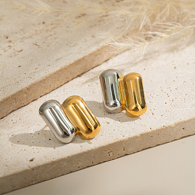 Stainless Steel Two Tone Oval Stud Earrings FJ2954-1