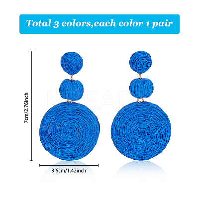 3 Pairs 3 Colors Raffia Grass Flat Round Dangle Stud Earrings EJEW-AN0002-44-1