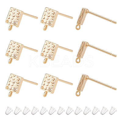 10Pcs Square Brass Cubic Zirconia Stud Earring Findings KK-AR0004-03-1