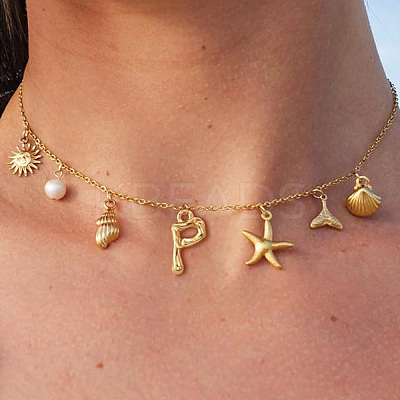 Bohemian Summer Beach Style 18K Gold Plated Shell Shape Initial Pendant Necklaces IL8059-16-1