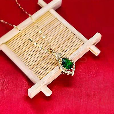 Alloy Crystal Rhonestone and Green Glass Teardrop Pendants Necklaces for Women FS-WG0BC64-01-1