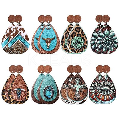 8 Pairs 8 Styles Teardrop PU Imitation Leather Dangle Stud Earring EJEW-SC0001-38-1