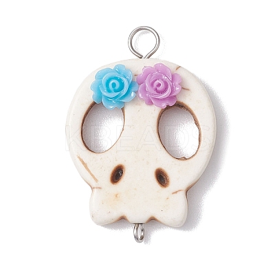 Halloween Skull Synthetic Turquoise Connector Charms with Flower Resin PALLOY-JF02780-1