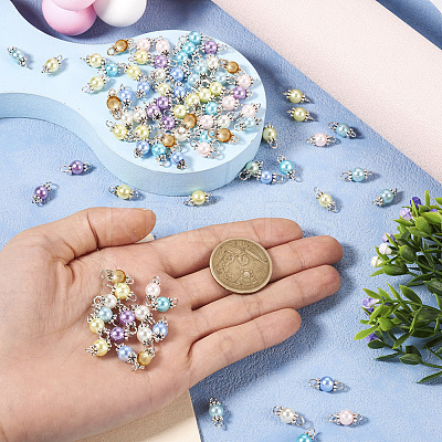 90Pcs 9 Colors Baking Paint Pearlized Glass Pearl Round Connector Charms PALLOY-TA0002-50-1