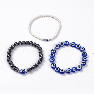 3Pcs 3 Style Synthetic Turquoise(Dyed) & Hematitie Round Beaded Stretch Bracelets Set BJEW-JB07620-1