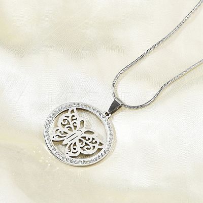 201 Stainless Steel Crystal Rhinestone Ring with Hollow Butterfly Pendant Necklaces for Women NJEW-P327-01P-1