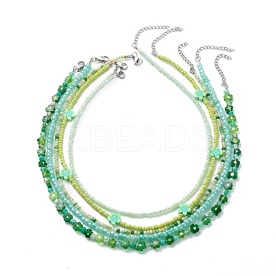 5Pcs 5 Style Polymer Clay Flower & Glass Seed Beaded Necklaces Set for Women NJEW-JN04011-1