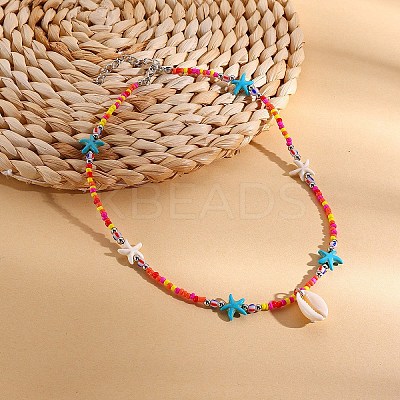 Summer Beach Natural Shell Pendant Glass Seed Beaded Necklaces for Women FS-WGEF253-03-1