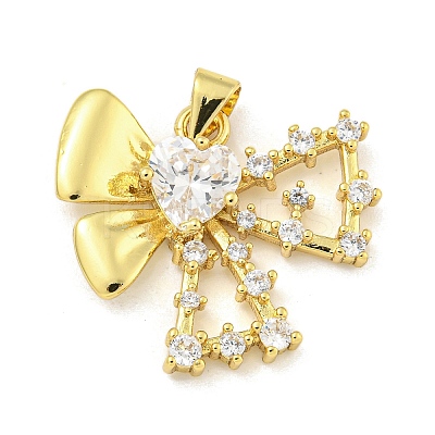 Bowknot Rack Plating Brass Clear Cubic Zirconia Pendants KK-Z053-14G-01-1