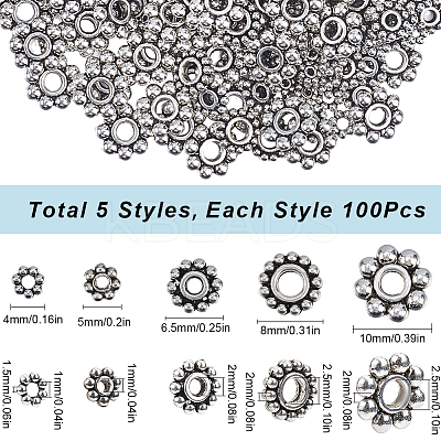 500Pcs 5 Styles Tibetan Style Alloy Daisy Spacer Beads FIND-SP0002-22A-1