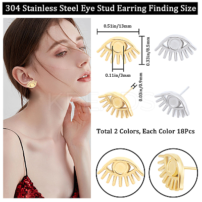 18 Pairs 2 Colors 304 Stainless Steel Eye Stud Earring Finding STAS-CN0001-34-1