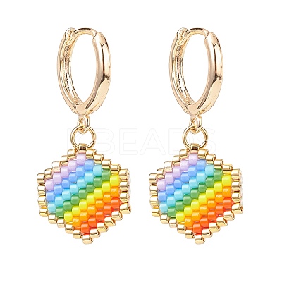 Rainbow Color Japanese Seed Braided Hexagon Dangle Hoop Earrings EJEW-MZ00005-1