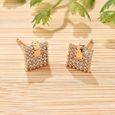 Square Brass Micro Pave Clear Cubic Zirconia Stud Earrings for Women EJEW-G428-12G-02-1