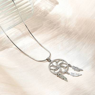 Bohemian 201 Stainless Steel Flower Woven Web/Net with Feather Pendant Necklaces NJEW-P327-07P-B-1