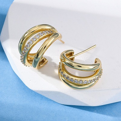 Triple C-Shaped Brass Micro Pave Clear Cubic Zirconia Stud Earrings EJEW-R025-11G-1