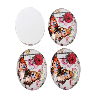 Butterfly Printed Glass Oval Cabochons GGLA-N003-18x25-C39-1