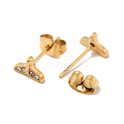 Ion Plating(IP) Rhinestone Whale Tail Shape Stud Earrings with 316 Surgical Stainless Steel Pins EJEW-A081-07G-02-1