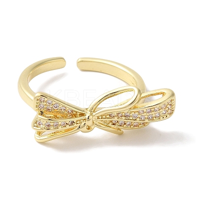 Bowknot Brass Micro Pave Clear Cubic Zirconia Open Cuff Rings for Women RJEW-C098-20G-1