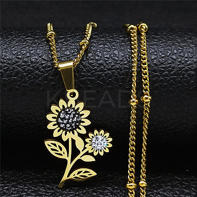 201 Stainless Steel Crystal Rhinestone Sunflower Pendant Necklaces LS-NJEW-H065-16G-1