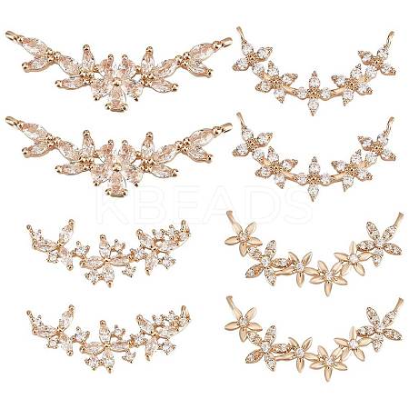 8Pcs 4 Styles Brass Pave Clear Cubic Zirconia Connector Charms ZIRC-BBC0001-51-1