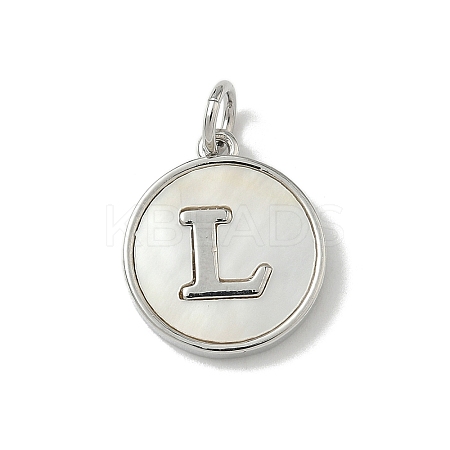 Brass Pave Natural Shell Flat Round with Letter Charms KK-Z115-13P-L-1