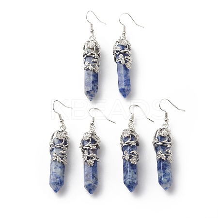 Natural Blue Spot Jasper Bullet with Flower Dangle Earrings EJEW-G300-02P-13-1
