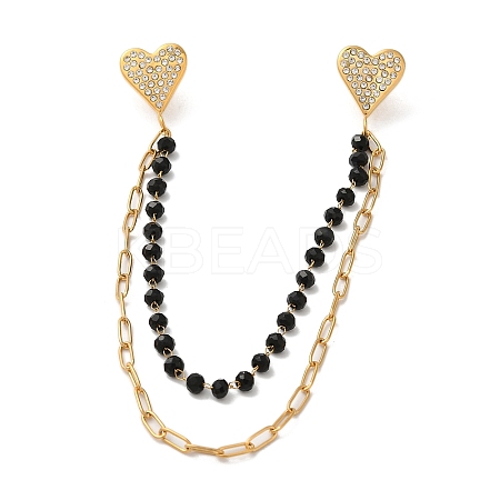 304 Stainless Steel Micro Pave Clear Cubic Zirconia & Dyed Black Stone Heart Hanging Chain Brooch JEWB-S021-06G-1