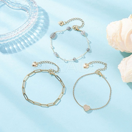 304 Stainless Steel Heart & Natural Labradorite Nuggets Link Chain 3 Layer Stackable Necklaces BJEW-JB12459-02-1