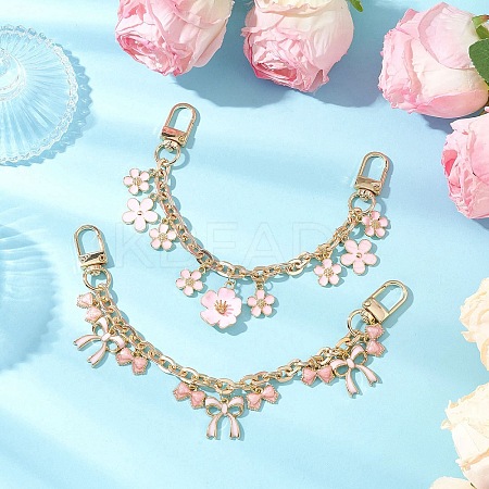 2Pcs 2 Styles Alloy Pink Enamel Flower Bowknot Pendant Cable Chain Purse Decorative Chains AJEW-BA00148-1
