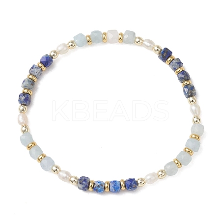 Natural Aquamarine & Natural Lapis Lazuli Cube Beaded Stretch Bracelets for Women BJEW-JB13390-03-1