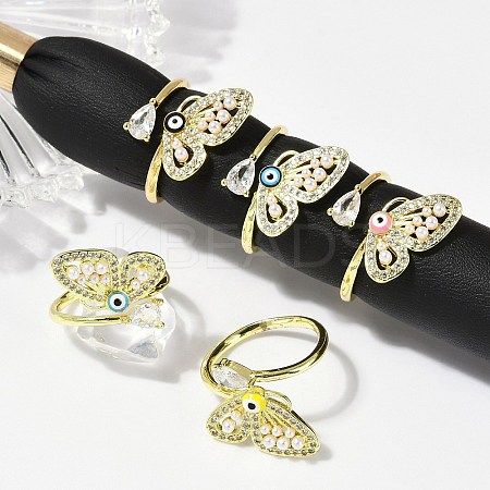 Brass Micro Pave Clear Cubic Zirconia Enamel Finger Rings RJEW-L113-025G-1