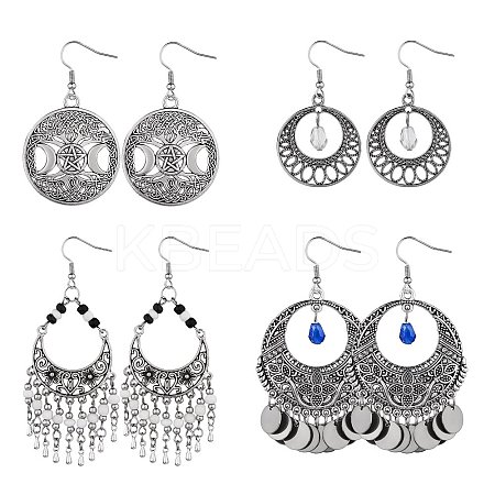 4Pair 4 Style Filigree Coin Dangle Earrings EJEW-SW00009-1