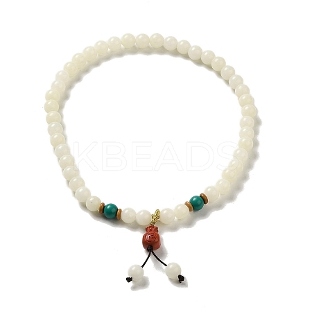Synthetic Turquoise & White Jade Bodhi Root Beaded Stretch Bracelet with Cinnabar Lucky Bag Charm BJEW-B080-02-1