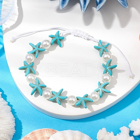 Starfish Synthetic Turquoise & Acrylic Pearl Braided Bead Bracelets for Women BJEW-JB11263-01-1