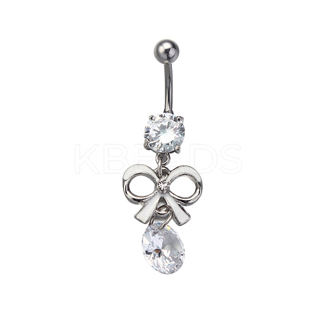 Alloy Pave Cubic Zirconia Bowknot Curved Barbell Dangle Belly Rings FS-WG3E776-04-1-1