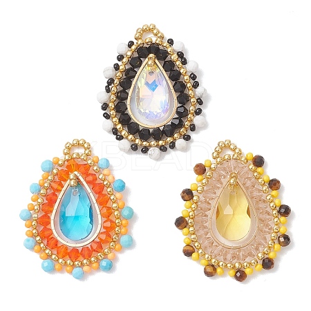 3Pcs 3 Colors Natural Howlite & Dyed Magnesite & Tiger Eye Faceted Round and Glass Seed Beaded Pendants PALLOY-MZ01218-1