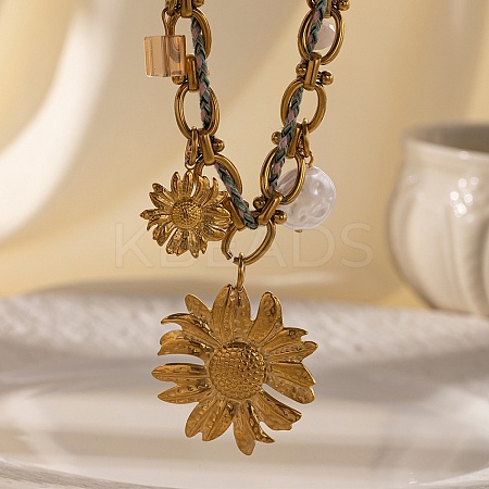 304 Stainless Steel Sunflower Pendant Necklaces NJEW-Z096-03G-1