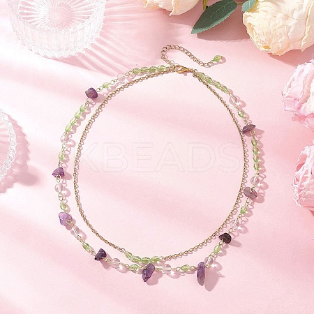 Natural Amethyst Chip & Glass & 304 Stainless Steel Handmade Link Chain Double Layer Necklaces for Women NJEW-JN05363-02-1