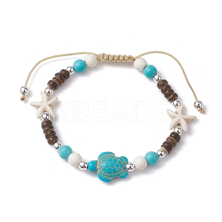 Starfish & Tortoise Synthetic Turquoise Braided Bead Bracelet BJEW-JB09967-02-1