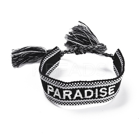 Word Paradise Polycotton(Polyester Cotton) Braided Bracelet with Tassel Charm LS-BJEW-F429-09-1