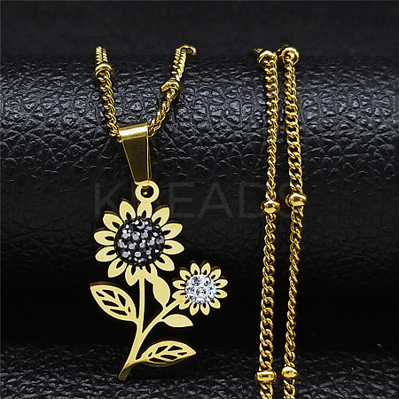 201 Stainless Steel Crystal Rhinestone Sunflower Pendant Necklaces LS-NJEW-H065-16G-1