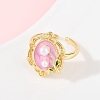 Brass Pearl Pink Enamel Flower Cuff Rings RJEW-C139-18A-G-3