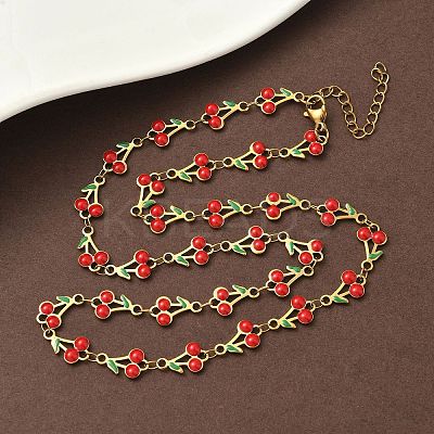 304 Stainless Steel Enamel Red Cherry Link Chain Necklaces for Women NJEW-K249-23P-1