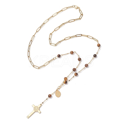 Natural Tiger Eye Round Rosary Bead Necklaces NJEW-JN05574-02-1