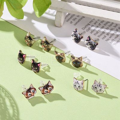 Real 14K Gold Plated Alloy Kitten Stud Earrings EJEW-G148-01G-M-1
