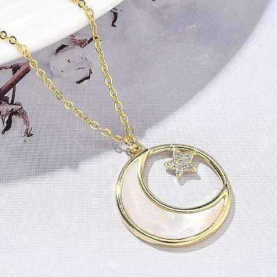 Brass Micro Pave Clear Cubic Zirconia Moon with Star Pendant Necklaces for Women NJEW-S449-02G-1