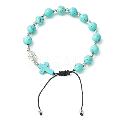 Synthetic Turquoise Round & Cross Braided Bead Bracelets BJEW-TA00321-02-1