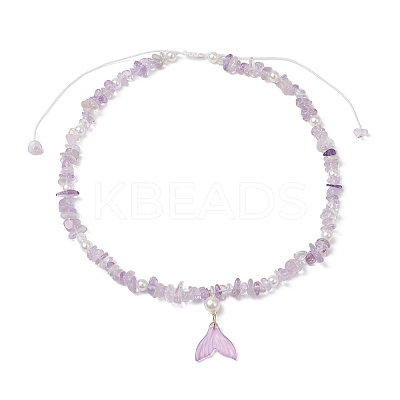 Natural Ametrine Chip & Imitaton Round Pearl Beaded Adjustable Necklaces NJEW-JN05227-04-1