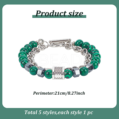 5Pcs 5 Colors Dyed Synthetic Malachite & Hematite Beaded Double Layer Multi-strand Bracelets Set BJEW-AN0001-42-1